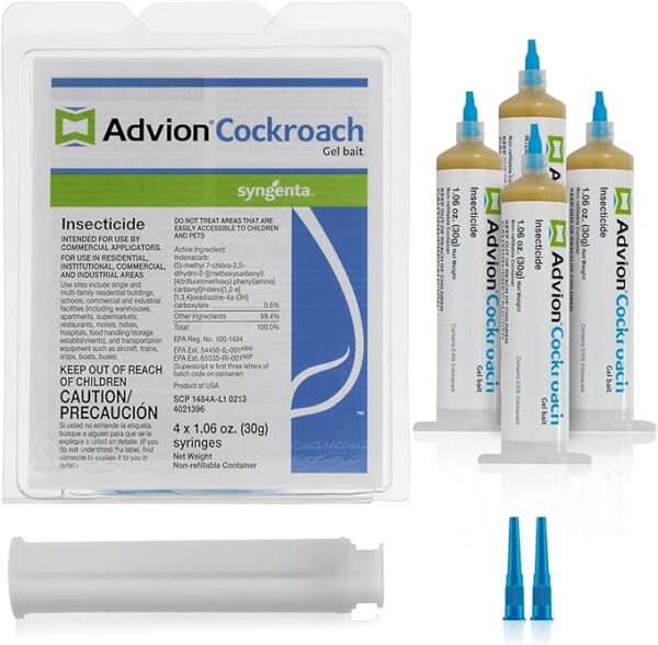 Advion Cockroach Gel Bait – 4 Tubes (30g Each) + Plunger & Tips | Roach Killer for German, American & Other Species | Indoor & Outdoor Pest Control