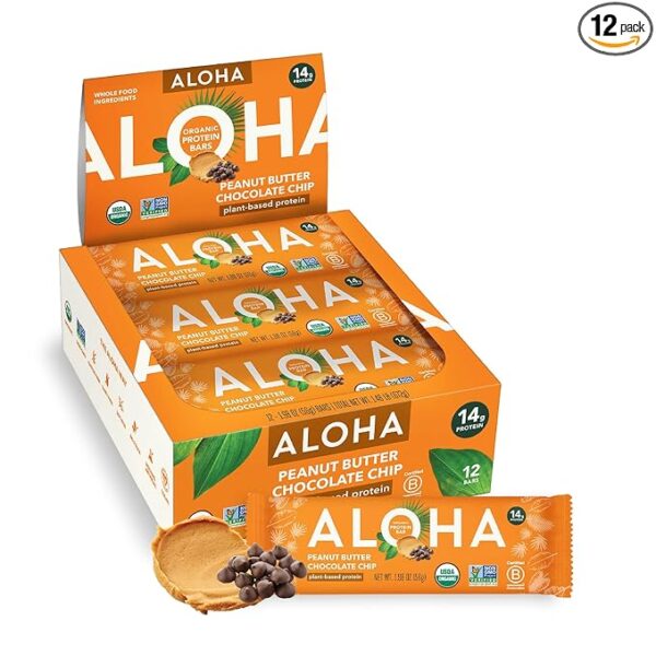 ALOHA Organic Plant-Based Protein Bars – Peanut Butter Chocolate Chip, 1.98 oz, Pack of 12