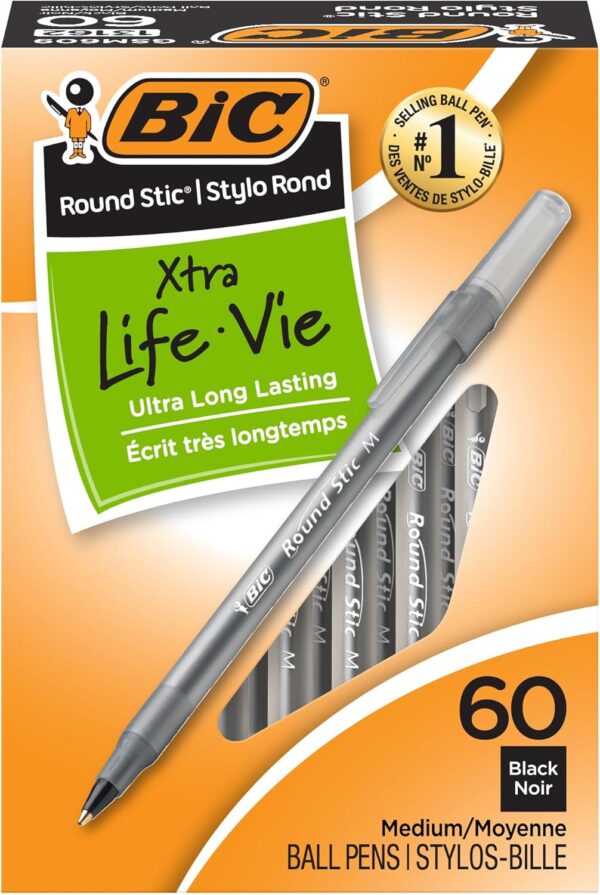 BIC Round Stic Xtra Life Ballpoint Pens, Black Ink, 60-Count – Long-Lasting & Smooth Writing