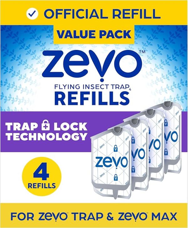 Zevo Flying Insect Trap Refill – 4 Cartridges for Zevo MAX & Standard Traps, Mess-Free Gnat & Fly Catcher