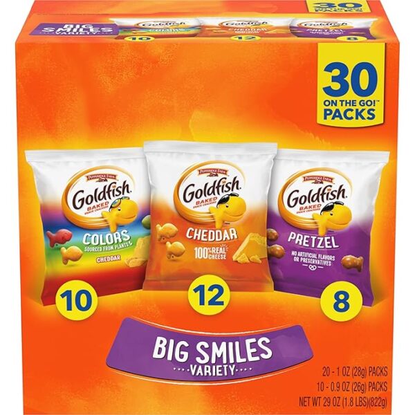 Goldfish Crackers Big Smiles Variety Pack, 30 Snack Packs – Cheddar, Colors & Pretzel