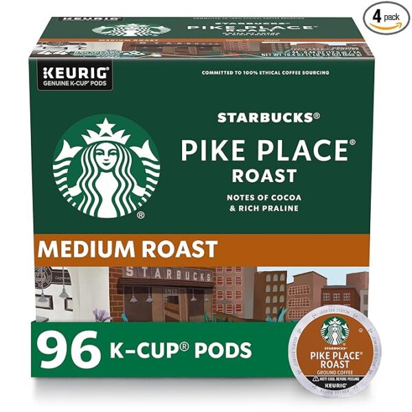Starbucks K-Cup Coffee Pods, Pike Place Roast, Medium Roast, 96 Pods (4 Boxes)