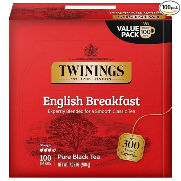 Twinings English Breakfast Black Tea, 100 Individually Wrapped Bags – Caffeinated, Robust & Smooth