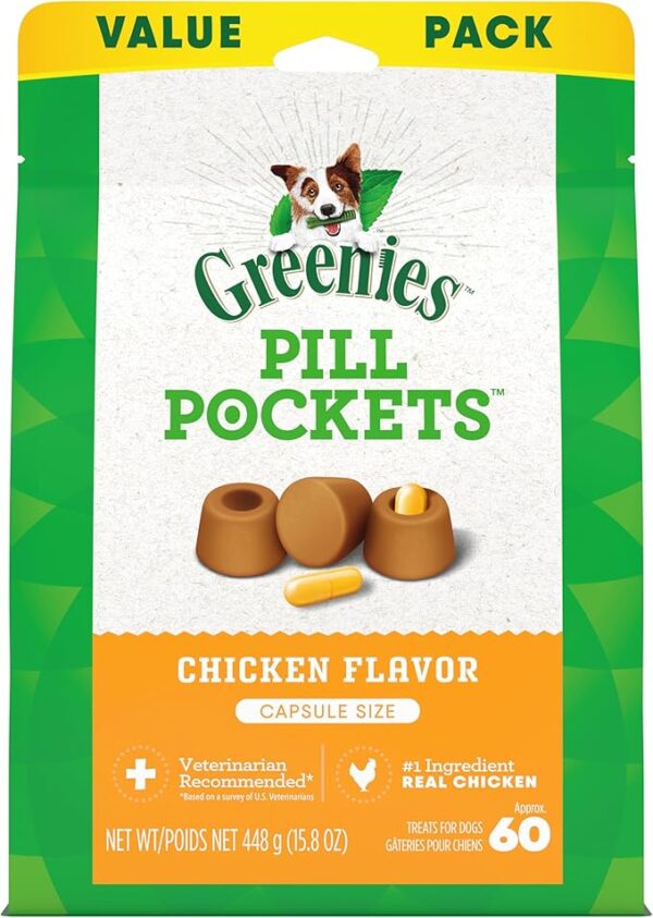 Greenies Pill Pockets for Dogs, Large Size, Chicken Flavor, 60 Soft Treats (15.8 oz Pouch)