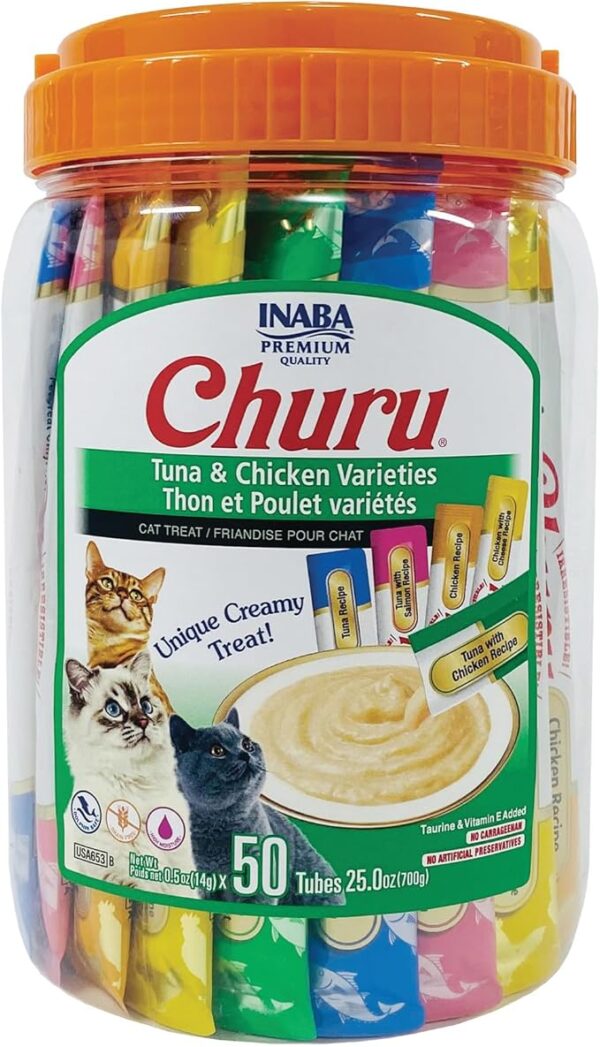INABA Churu Lickable Cat Treats, Tuna & Chicken Variety, 50 Tubes, Grain-Free