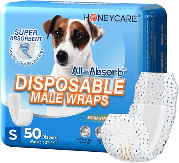 HONEY CARE All-Absorb A26 Male Dog Wraps, Small (50 Count) – Disposable, Leak-Proof, Breathable