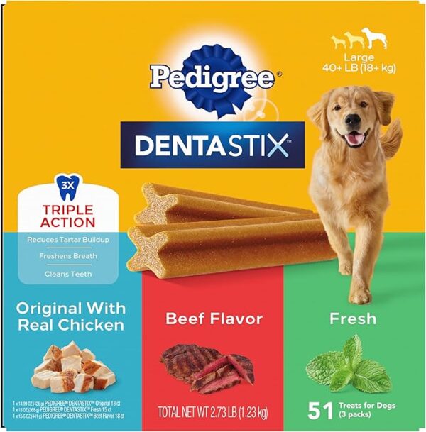 Pedigree Dentastix Large Breed Dog Treats, Original, Beef & Fresh Flavors, 51 Count Variety Pack, 2.73 lb