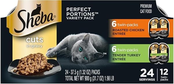 Sheba Perfect Portions Wet Cat Food Cuts in Gravy Variety Pack, Chicken & Turkey Entrées, 12 Twin-Pack Trays (24 Servings, 2.6 oz Each)